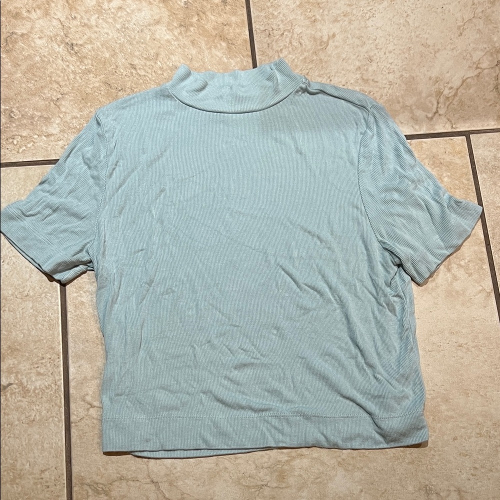 Babaton Light Blue Short Sleeve Mock Neck Tee